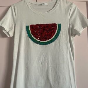 White T-Shirt with Sequin Watermelon Design